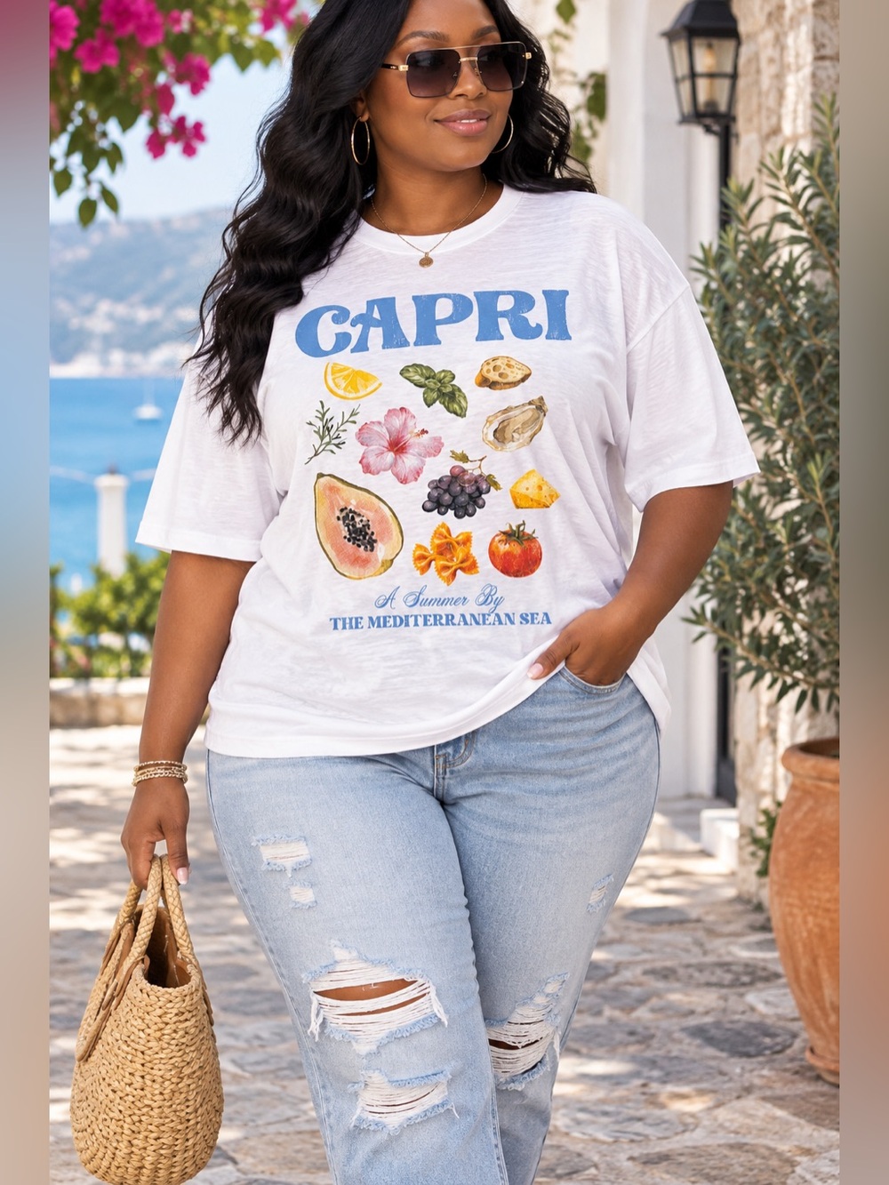 refuge White Short-Sleeve 'CAPRI' Graphic Tee with Multicolor Fruit Art